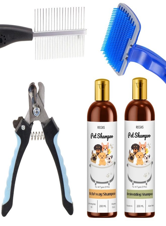 REGIIS Pet Grooming Kit, Complete Dog Care Set with Deshedding Brush, Metal Comb, Nail Clipper, Itchaway Shampoo, Deshedding Shampoo, 200 ML(5 PACK) - Image 1